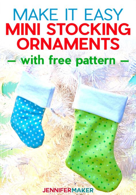 Make Mini Stocking Ornaments with Loops with a free pattern and SVG cut file — includes a lining and functional cuff! #sewing #cricut #christmas Christmas Sewing Gift Ideas, Christmas Stocking Pattern Free, Stocking Pattern Free, Christmas Stockings Sewing, Stocking Ornaments, Jennifer Maker, Mini Christmas Stockings, Scissors Design, Cricut Help