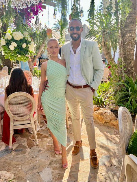 Ibiza wedding, mint green dress Men’s Garden Cocktail Attire, Green Couple Outfit Wedding, Beach Wedding Man Outfits, Ibiza Wedding Guest Outfit Men, Couple Outfit For Wedding Guest, Beach Chic Dress Code Wedding, Tropical Semi Formal Outfit Men, Guys Cocktail Attire, Mens Spring Formal Outfits