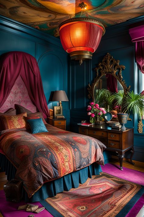 Teal And Maroon Bedroom, Moroccan Blue Bedroom, Jewel Coloured Bedroom, Jewel Tone Bedding, Jewel Toned Bedroom Decor, Maximalist Rooms, Colorful Eclectic Bedroom, Dark Teal Bedroom, Jewel Tone Bedroom