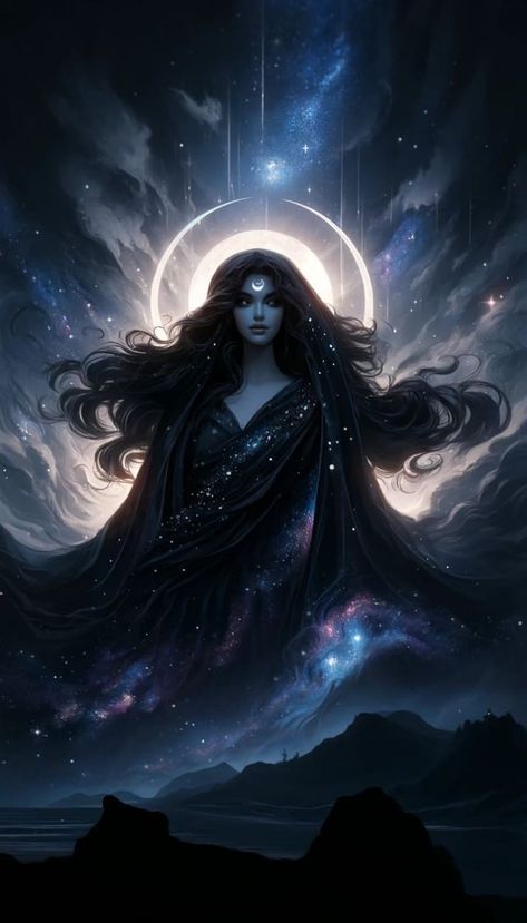 Goddess Of Time Fantasy Art, Night Goddess Art, Nyx Drawing, Goddess Character Art, Nyx Goddess Aesthetic, Nyx Goddess Art, Hecate Goddess Art, Female Goddess Art, Nyx Greek Goddess