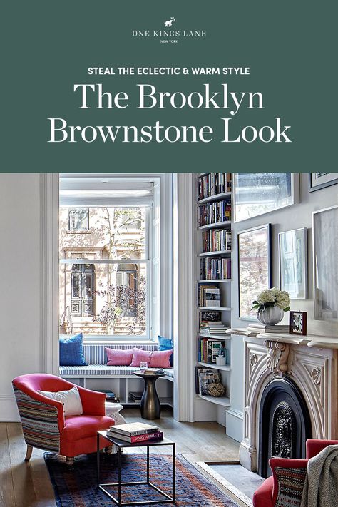 Steal the look of an eclectic and warm Brooklyn brownstone with these vintage finds here. # interior design # home decor # inspiration # fireplace Townhouse Decorating, Brownstone Interiors, Moroccan Room, Book Cases, Brooklyn Brownstone, Window Seats, Inspiring Interiors, Outdoor Furniture Decor, Dining Table Marble