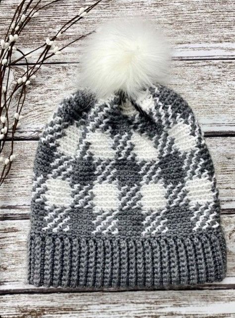 Double Brim Buffalo Plaid Beanie — Craftorator Plaid Crochet, Plaid Hat, Hat Patterns Free, Knitting Patterns Free Hats, Plaid Hats, Crochet Hat Free, Caron Simply Soft, Crochet Daisy, Crochet Hats Free Pattern