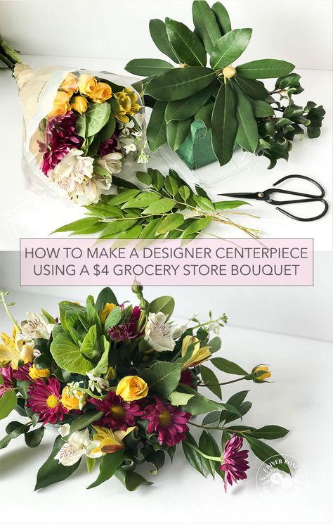 How to make a beautiful centerpiece using a $4 grocery store bouquet Herbs In Flower Arrangements, Diy Flower Centrepiece, Grocery Store Wedding Bouquet, Natural Floral Arrangements Rustic, Dining Table Styling Modern, Diy Floral Arrangement Ideas, Flower Arrangements In Vase, Low Floral Centerpieces, Grocery Store Bouquet