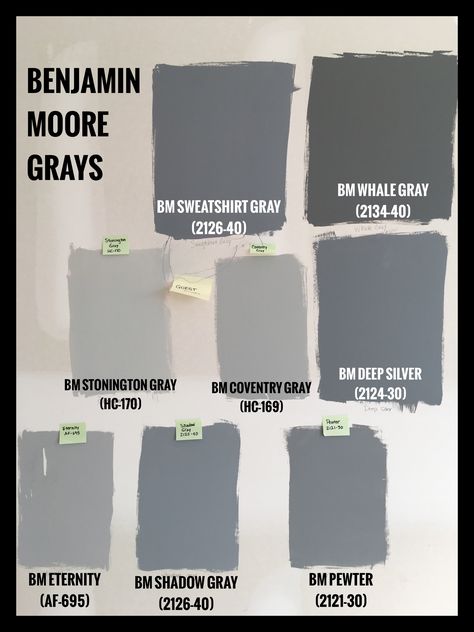 Benjamin Moore Gray Paint Swatches. BM Sweatshirt Gray (2125-40). BM Whale Gray (2134-40). BM Stonington Gray (HC-170). BM Coventry Gray (HC-169). BM Deep Silver (2134-30). BM Eternity (AF-695). BM Shadow Gray (2126-40). BM Pewter (2121-30). Shadow Grey Benjamin Moore, Sweatshirt Grey Benjamin Moore, Benjamin Moore Deep Silver, Benjamin Moore Whale Gray Exterior, Eternity Benjamin Moore, Sweatshirt Gray Benjamin Moore, Shadow Gray Benjamin Moore, Deep Grey Paint, Deep Silver Benjamin Moore