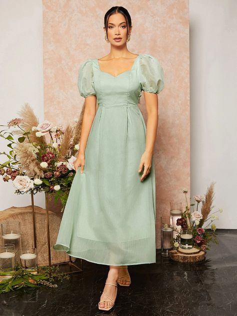 Sage Green Bridesmaid Dresses Puff Sleeve, Puff Sleeve Bridesmaid Dress, Puff Sleeve Dress Formal, Mint Green Dress Outfit, Brides Maid Gown, Puffy Sleeve Dress, Mesh Bridesmaids Dress, Sage Green Bridesmaid Dress, Dress Code Wedding