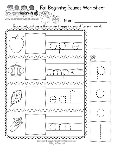 Spelling Worksheets Kindergarten, Kindergarten Fall Worksheets, Kindergarten Grammar Worksheets, Halloween Worksheets Kindergarten, Sounds Worksheet, Writing Worksheets Kindergarten, Fall Kindergarten Activities, Fall Worksheets, Pumpkin Leaf