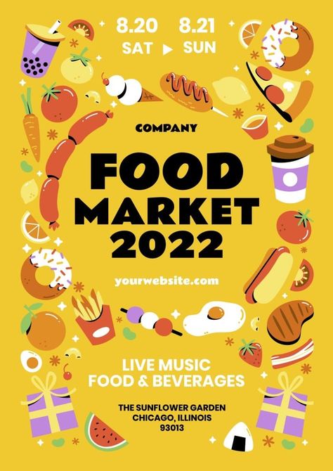 Hand-drawn Colorful Food Market Festival Poster Food Posters, Food Festival Design, Food Festivals Event, Food Festival Poster, Event Poster Template, Food Fest, Colorful Food, Event Booth, Banner Design Inspiration