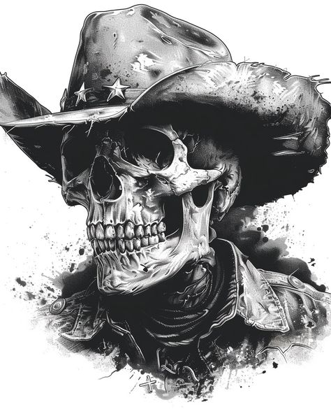 Native American Tattoo Art, Pirate Skull Tattoos, Graveyard Tattoo, Outlaw Tattoo, Cowboy Skull, Cowboy Tattoos, Native American Tattoo, Skull Sleeve Tattoos, Skeleton Drawings