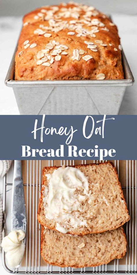 Honey oat bread is an easy, one-bowl bread recipe. This quick recipe makes a loaf of no-knead, soft honey oat bread with almost no prep! Honey Bread Recipe Easy, Oatmeal Wheat Bread Recipe, No Knead Oat Bread, Vegan Oatmeal Bread, Oat Flour Recipes Bread, Oat Nut Bread Recipe, No Knead Oatmeal Bread, Vegan Oat Bread, Oat Bread Recipe No Flour