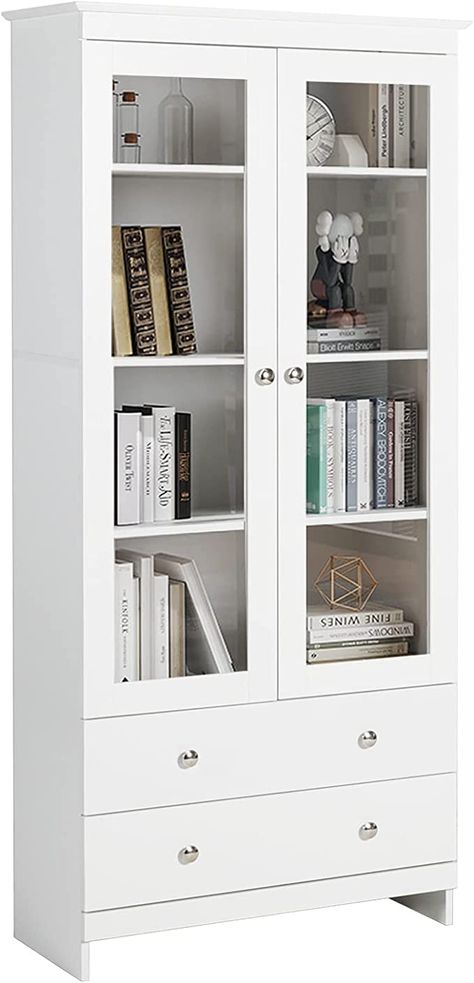 Glass Cabinets Display Living Room, Office Cabinet Design, Tall Display Cabinet, Freestanding Kitchen Pantry, Glass Bookshelves, Bookshelves In Bedroom, Wooden Bookshelf, Bookcase With Glass Doors, White Bookshelves