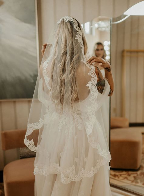 Fingertip Length Mantilla Wedding Veil with Beaded Lace Trim – One Blushing Bride Custom Wedding Veils Lace Veils Bridal Hair Down, Wedding Veils Knee Length, Lacy Veil Brides, Short Lace Wedding Veil, Lace Detail Veil, Wedding Veil Elbow Length, Wedding Veil Mid Length, Wedding Hair With Mantilla Veil, Veils Bridal Mid Length