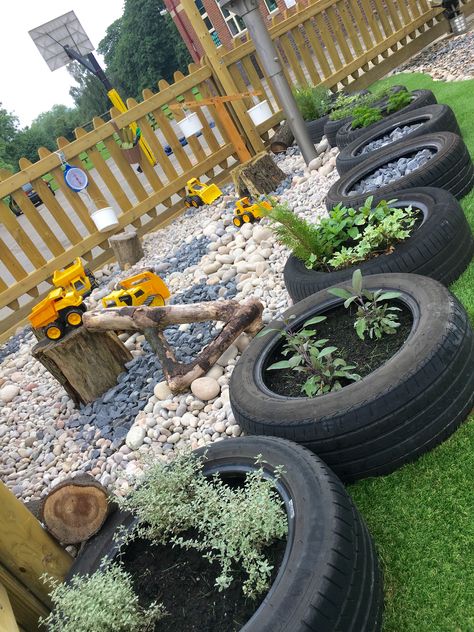 Tyres In Garden Ideas, Outdoor Classroom Garden, Tyres Recycle Garden, Sensory Backyard Ideas, Construction Play Area Outdoor, Tyres Eyfs Outdoor Areas, Outdoor Truck Play Area For Kids, Rock Pit Play Area, Outdoor Construction Play Area