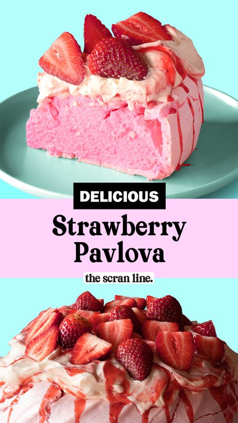 Strawberry Pavlova Recipe, Pavlova Recipe Christmas, Valentines Pavlova, Pavlova Birthday Cake, Pink Pavlova, Peach Pavlova, Pavlova Recipes, The Scran Line, Scran Line