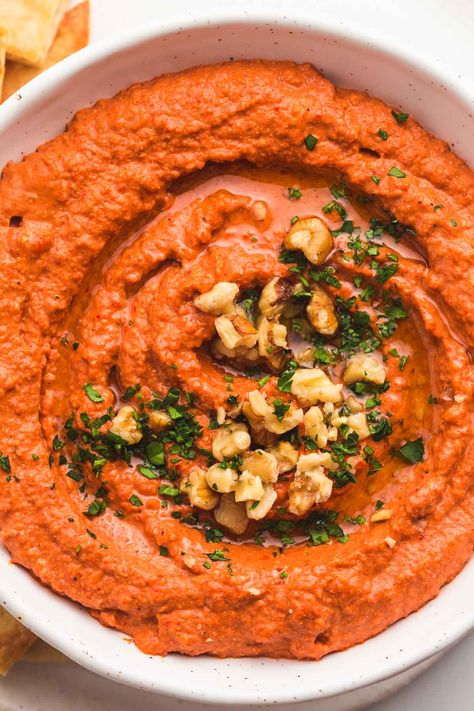 Muhammara is a Middle Eastern roasted red pepper and walnut dip. It's sweet, savory, slightly smoky, earthy, and a little spicy! Muhammara Dip, Muhammara Recipe, Walnut Dip, Midnight Munchies, Roasted Red Pepper Dip, Vegan Dips, Quick Appetizer, Stuffed Pepper Dip, Quick Appetizers