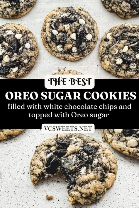 These Soft Oreo Sugar Cookies are chewy, gooey, and loaded with crushed Oreos, Oreo cookie crumbs and white chocolate chips!! A delicious twist on the classic brown sugar cookie, these bakery style sugar cookies have soft and chewy centers, slightly crisp edges, and a festive dusting of Oreo sugar!! Oreo Baked Goods, Crushed Oreo Cookies, White Chocolate Oreo Cookies, Oreo White Chocolate Chip Cookies, Oreo Sugar Cookies, Confections Recipes, Bakery Style Sugar Cookies, Oreo Cookie Crumbs, Cookies With White Chocolate Chips