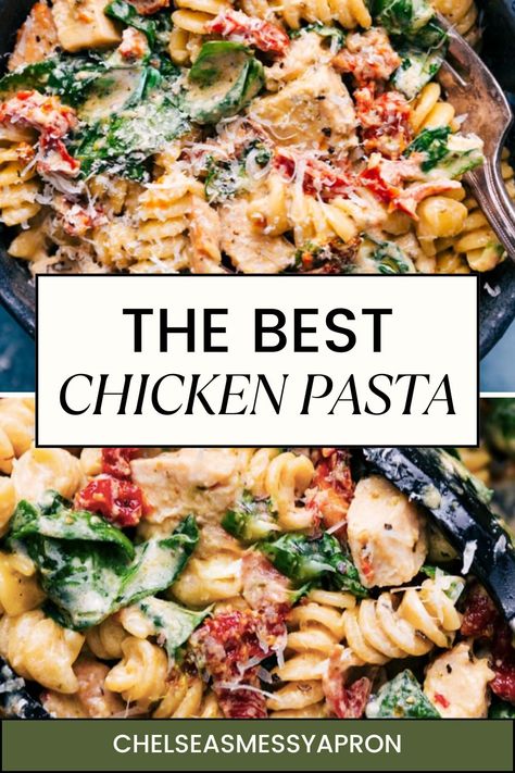 This is our all-time favorite Chicken Pasta-- starting with creamy Italian-seasoned rotini pasta that is tossed with tasty bites of chicken, succulent sun-dried tomatoes, and tender spinach. #dinner #best #quick #easy #simple #spinach #tomatoes #rotini #chicken #pasta Chicken Pasta Spinach Sun Dried Tomatoes, Cajun Chicken Pasta Sun Dried Tomatoes, Chicken Spinach Pasta Salad, Chicken And Fusilli Pasta, Chicken Bacon Pesto Pasta, Creamy Pesto Chicken Pasta Spinach Sun Dried Tomato, Rotini Crockpot Recipes, Southwest Alfredo Pasta, Rotini Recipes Easy