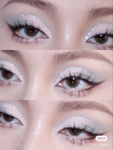 Glam | makeup | blue eye look | doe eyes look| Formal Makeup Colorful, Douyin Prom Makeup, Ethereal Makeup Aesthetic, Dreamcore Makeup, Etheral Make Up, White Makeup Ideas, Glitter Eyeliner Looks, Ethereal Eye Makeup, Simple Make Up Looks