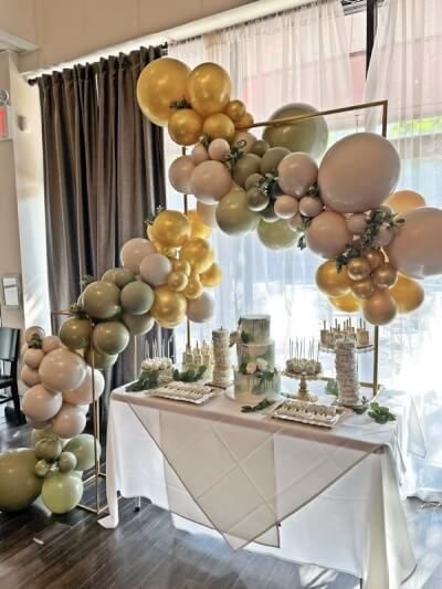 Balloon Arch Over Dessert Table, Dessert Table Balloon Garland, Table Top Balloon Arch, Book Themed Birthday Party, Wildflower Birthday Party, Event Decor Ideas, Party Decorations Table, Flowers Balloons, Dessert Decor