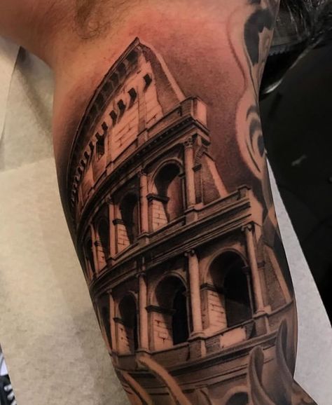 Greek Buildings Tattoo, Colosseum Tattoo Design, Coliseum Tattoo, Colosseum Tattoo, Small Travel Tattoos, Building Tattoo, Greek God Tattoo, Medusa Tattoo Design, Spartan Tattoo