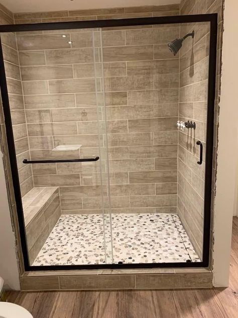 Master Shower Modern Farmhouse, Simple Stand Up Shower Ideas, Earth Tone Shower Tile Bathroom Ideas, Small Stand Up Shower Remodel Master Bath, Rustic Master Bath Shower Ideas, Traditional Walk In Shower Ideas, Small Bathroom Stand Up Shower Ideas Modern, Light Brown Shower Tile, Walk In Showers No Doors With Bench Master Bathrooms