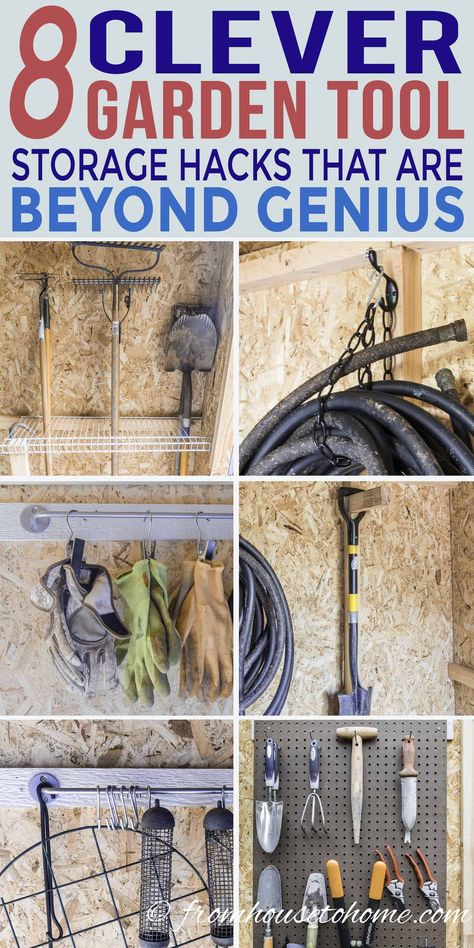 Bike Tool Storage, Garden Tool Storage Ideas, Utility Garage, Tool Shed Organizing, Tool Storage Ideas, Garden Shed Diy, Garden Tool Rack, Storage Shed Organization, Garden Tool Organization