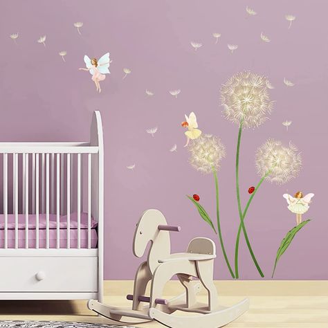 Fairy Wall Stickers, Fairy Nursery Ideas, Fairy Room Ideas Kids, Fairy Nursery Baby Girl, Fairy Baby Room, Flower Theme Nursery, Fairy Themed Nursery, Fairy Bedroom Ideas For Kids, Fairy Dandelion