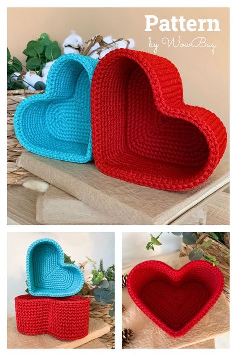 Heart Shaped Baskets Crochet Pattern Cute Basket Crochet Pattern, Crochet Heart Basket Pattern, Crochet Heart Bowl Pattern, Heart Box Crochet, Crochet Dome Shape, Crochet Heart Basket Free Pattern, Crochet Heart Box Free Pattern, Crochet Heart Cake, Crochet Heart Basket