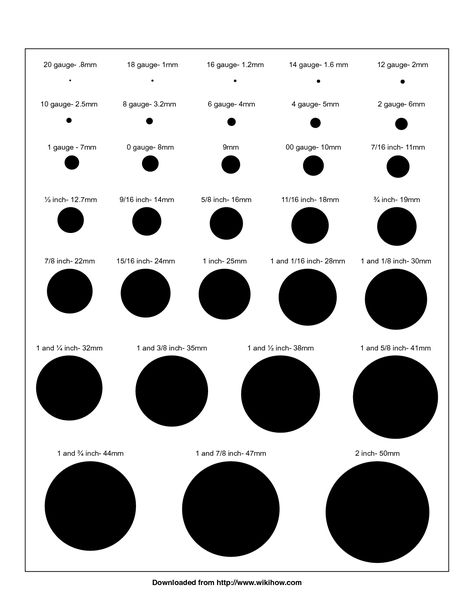 Printable Gauge Chart - wikiHow A good chart to determine gauge or size of what you want or have. Earring Gauges, Diy Alterations, Ear Piercings Gauges, Ear Gauge Sizes, Gauges Size Chart, Gauges Piercing, Tapers And Plugs, Piercing Chart, Ear Stretching