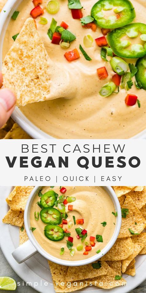 Healthy Vegan Superbowl Snacks, Dairy Free Queso Recipe, Cashew Queso Recipe, Vegan Cashew Queso, Vegan Dips For Chips, Vegan Dipping Sauce For Veggies, Plant Based Queso Dip, Cashew Queso Dip, Cashew Cheese Dip