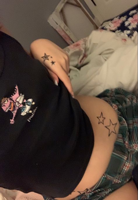 #startattoo Trail Of Stars Tattoo, Star Tattoo On Waist, Cartoon Star Tattoo, Star Tattoo Stomach, Hip Star Tattoo, Waistband Tattoo, Star Tattoo On Hip, Goth Tattoos, Waist Tattoos