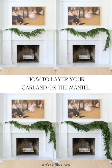 Christmas Lights On Mantle, Fireplace Mantle Decor Garland, Natal, Christmas Mantle Garland One Side, Fireplace Garland Christmas With Tv, Garland And Stockings On Fireplace, Large Mantel Christmas Decor, Modern Christmas Mantels Ideas, Fireplace Christmas Decorations Simple