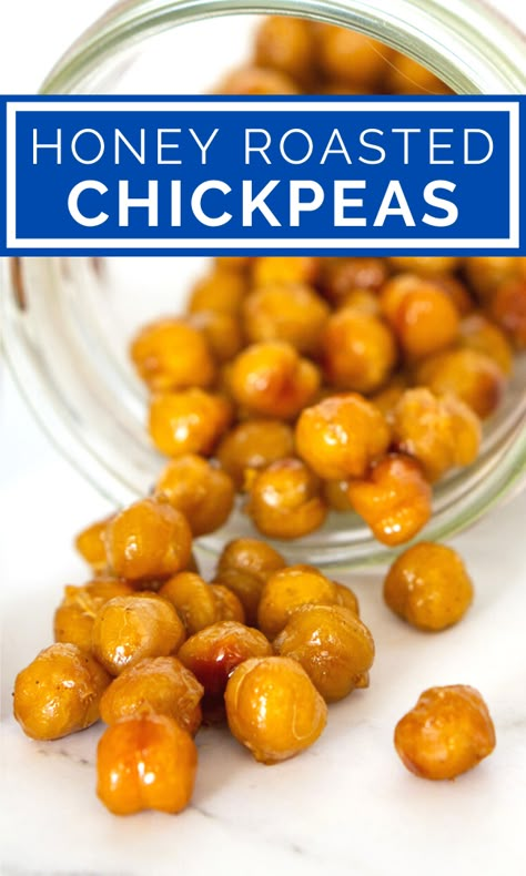 Honey Mustard Chickpeas, Roasted Chickpeas Sweet, Sweet Chickpeas Snack, Sweet Roasted Chickpeas, Honey Packing Ideas, Toasted Garbanzo Beans, Garbanzo Bean Snack Recipes, Chic Peas Recipes Snacks, Chickpea Cereal