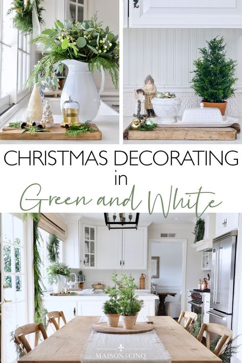 Looking for ideas for Christmas decorating? We decked out the kitchen in shades of sage green and white, along with lots of greenery, for a serene but festive take on the season! Soft & Subtle Holiday Decor ideas ---> #maisondecinq christmasdecor holidaydecor neutralchristmas frenchfarmhouse frenchcountry europeanfarmhouse countryfrench frenchchristmas frenchcountrychristmas Sage Green Christmas Decor, Shades Of Sage Green, Holiday Decor Ideas, French Country Christmas, Cozy Christmas Decor, Christmas Entertaining, Country Christmas Decorations, Country Holiday, Gold Christmas Decorations