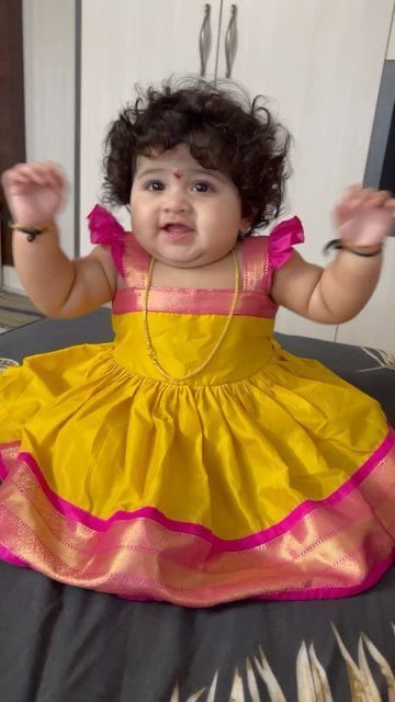 Pattu Langa For Baby Girl, Traditional Frocks For Kids, Pattu Frocks For Baby Girl, Baby Dresses Design, Baby Girl Traditional Dress Indian, Kids Pattu Frock Designs, Baby Traditional Dress Indian, Baby Girl Indian Dress, Baby Pattu Frocks Designs