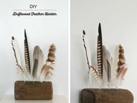 Driftwood Feather Holder - what a great way to display collected feathers. Crafts With Pheasant Feathers, Feather Holder, Feather Display, Diy Driftwood, Plastic Beach, Driftwood Projects, Beach Finds, Gather Together, Feather Crafts