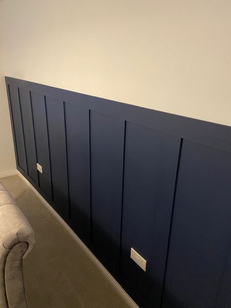 Navy Wall Panelling Bedroom, Two Tone Wall Dining Room, Navy Half Wall Panelling, Sitting Room Panelling, Navy Vj Panelling Bedroom, Dark Blue Wall Panelling, Navy Wall Panelling, Navy Panelling, Half Panelled Walls