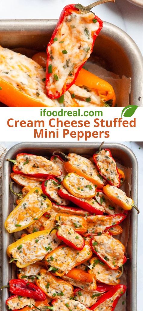 Cream Cheese Stuffed Mini Peppers is an easy appetizer made with 6 simple ingredients and ready in 25 minutes. Sweet mini peppers are stuffed with cream cheese, cheddar cheese and chives, then baked just until creamy! Stuffed Mini Sweet Pepper Recipes, Recipes With Mini Peppers, Stuffed Sweet Peppers Cream Cheese, Stuffed Mini Peppers Appetizers, Mini Pepper Recipes, Stuffed Peppers With Cream Cheese, Cream Cheese Peppers, Stuffed Mini Bell Peppers, Cream Cheese Stuffed Mini Peppers