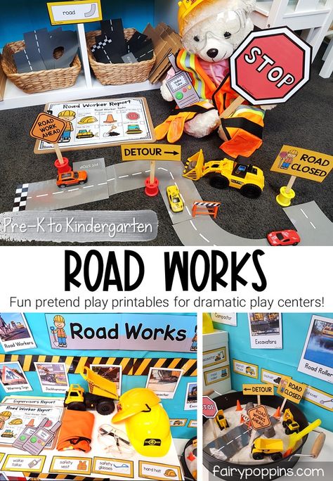 This road works dramatic play center is a fun way for kids to learn what road workers do. It's great for a community helpers, construction or transport theme. #roadworks #roadworkers #roadworksdramaticplay #roadworkspretendplay #printableroads #transporttheme #transportation #pretendplay #dramaticplaycenter #pretendplaycenter #preschool #prek #kindergarten #dramaticplaycentre #dramaticplay Construction Dramatic Play Preschool, Transportation Dramatic Play Preschool, Transportation Dramatic Play, Community Helpers Dramatic Play, Construction Dramatic Play, Community Helper Dramatic Play, Construction Preschool, Dramatic Play Centers Preschool, Block Center Preschool