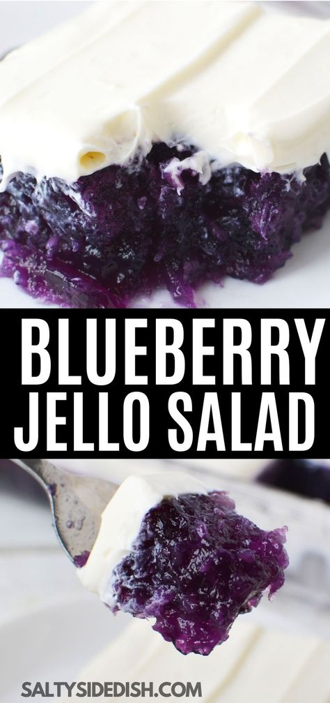 Blueberry Gelatin Dessert, Jello Strawberry Salad, Seven Up Salad Jello Recipe, Blueberry Cloud Jello Salad, Jello Deserts Recipes, Old Jello Recipes, Blueberry Fluff Salad Recipes, Blue Jello Recipes, Blueberry Jello Dessert