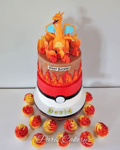 Pariscakery on Instagram: “Charizard cake for an awesome 9-year-old! Chocolate cake frosted in buttercream with marshmallow fondant Charizard/decorations. Happy…” Charizard Party Decorations, Pokemon Birthday Cake Charizard, Pokemon Cake Charizard, Charzard Birthday Cakes, Charizard Party, Charizard Birthday, Charizard Cake, Charmander Cake, Felix Birthday