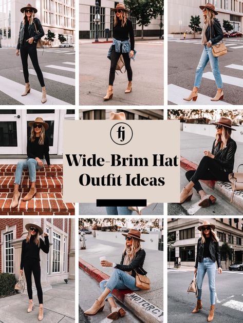 Outfit Ideas to Wear with Your Favorite Hat - Fashion Jackson Fall Fedora Hat Outfit, Felt Fedora Outfit, Brimmed Hat Outfit, Wide Brim Hat Outfit Fall, Fedora Hat Outfit Fall, Outfits With Fedora Hats, Boho Hat Outfit, Outfit With Fedora, Felt Hat Outfit