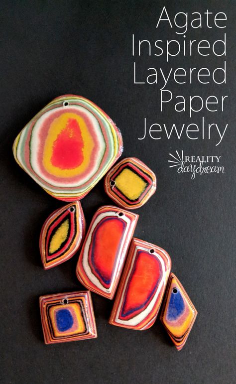 Agate Inspired Layered Paper Veneer DIY Jewelry | Reality Daydream Layered Paper Jewelry, Paper Bead Ideas, Paper Jewelry Diy, Paper Beads Diy, Paper Beads Template, Make Paper Beads, Vintage Jewelry Diy, Paper Jewellery, Diy Jewelry To Sell