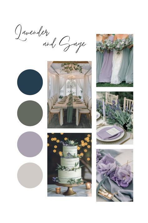 Lavender and sage wedding decor with floral centerpieces. Lavender Green Wedding Theme, Blue Purple Sage Wedding, Lavender Sage And Cream Wedding, Wedding Color Schemes With Purple, Wedding Color Schemes Lavender, Sage Green Lavender Wedding, Lavender And Teal Wedding, Sage Wedding Palette, Lilac Wedding Theme Color Schemes