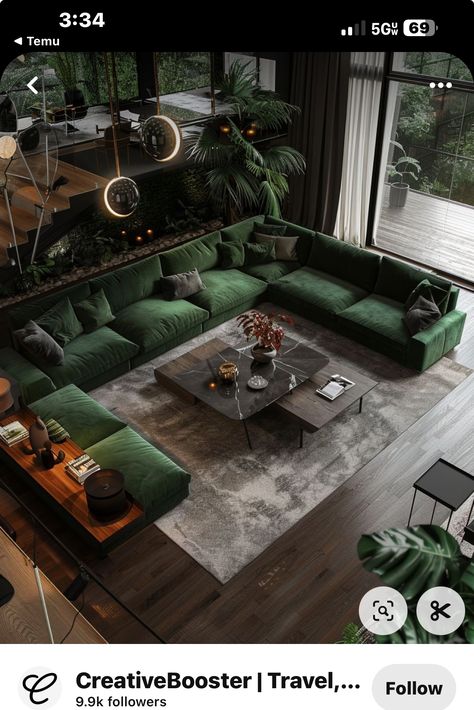 Rooms With Emerald Green Sofa, Emerald Green Home Decor Living Rooms, Dark Green Black And White Living Room, Dark Green Gold Living Room, Hunter Green Apartment Decor, Green Lounge Room Ideas, Bottle Green Sofa Living Room Ideas, Green House Living Room, Black Green Home Decor