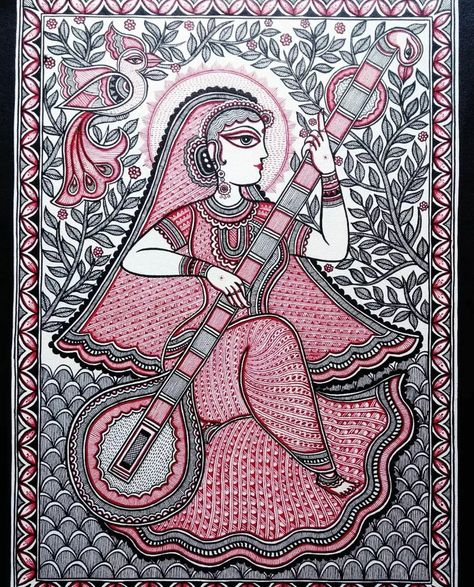 Madhubani Women, Sarswati Maa, Kalam Kari, Akash Kumar, Mithila Art, Colourful Mandala, Classical Paintings, Paper Portrait, Madhubani Paintings