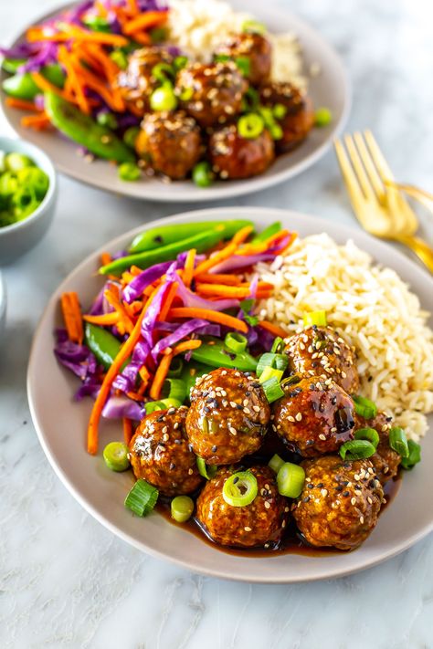 Sticky Teriyaki Meatballs, Teriyaki Meatball Stir Fry, Chicken Meatball Rice Bowl, Teriyaki Meatball Bowls, Chicken Teriyaki Meatballs Costco, Healthy Food With Rice, Teriyaki Meatballs And Rice, Meatballs And Cauliflower Rice, Meatball Rice Bowl