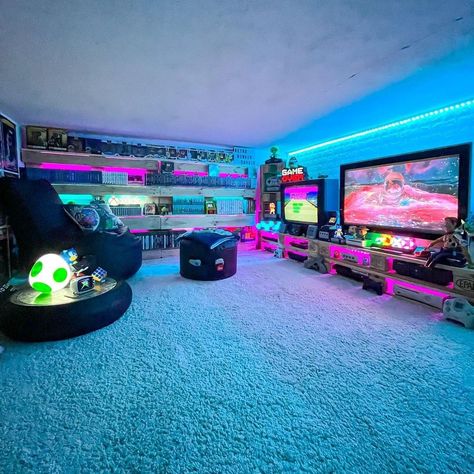 Gaming Bedrooms, Modern Game Room Ideas, Neon Gaming Room Aesthetic, Gamer Room Led Lights, Neon Gaming Room, Gaming Basement, Gaming Room Setup Cyberpunk, Cool Game Room, Couples Gaming