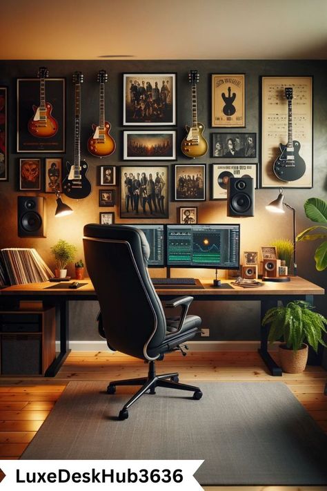 Tech-infused workspace trends 💻 with smart desks, LED lighting, noise-canceling headphones, dual monitors, wireless charging stations, and ergonomic gadgets for a modern office setup. ⚡ Home Office With Guitars, Gaming Music Room, Home Office Music Studio, Music Office Design, Home Office And Music Room Ideas, Music Study Room, Guitar Room Ideas Small Spaces, Music Themed Office, Man Cave Music Room Ideas