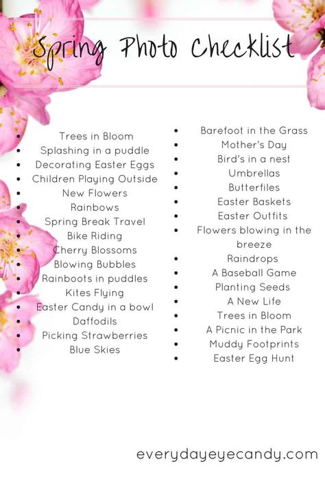 There are so many photo opps in the spring! Check out this free downloadable spring photo checklist to help you take great photos this spring! Photo Checklist, Photo A Day Challenge, Photo Prompts, Photography Cheat Sheets, Spring Fun, Spring Photos, Photography Challenge, Spring Photography, Photography Lessons