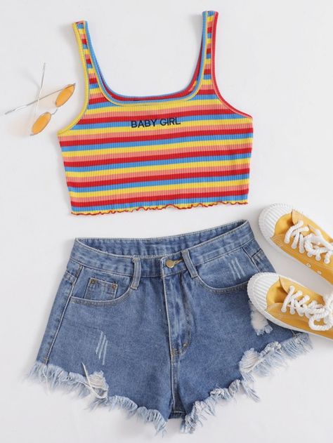 Embroidery Rainbow, Diy Summer Clothes, Teen Swag, Teenage Outfits, Teen Swag Outfits, Rainbow Outfit, Top Shein, Letter Embroidery